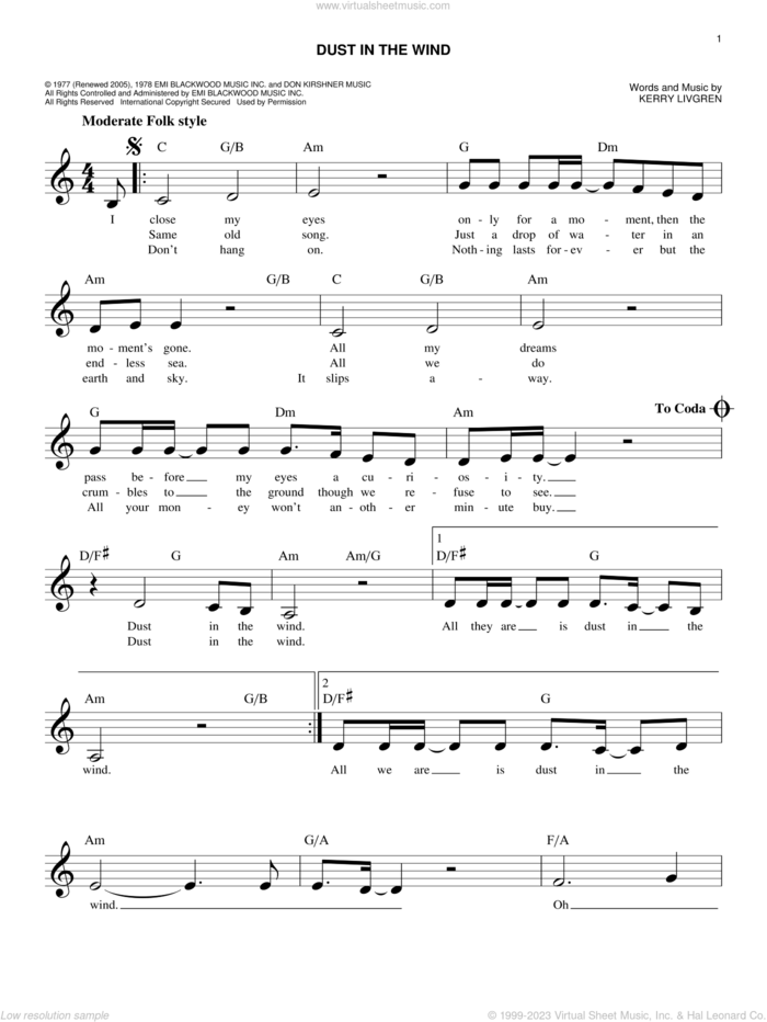 Dust In The Wind sheet music for voice and other instruments (fake book) by Kansas and Kerry Livgren, easy skill level