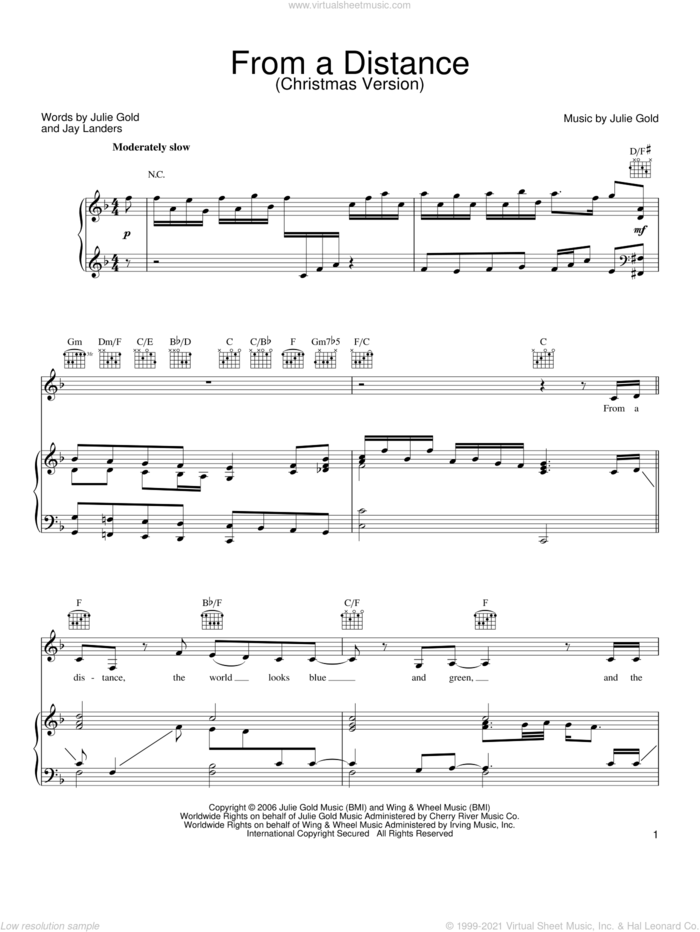 From A Distance (Christmas Version) sheet music for voice, piano or guitar by Bette Midler, Jay Landers and Julie Gold, intermediate skill level