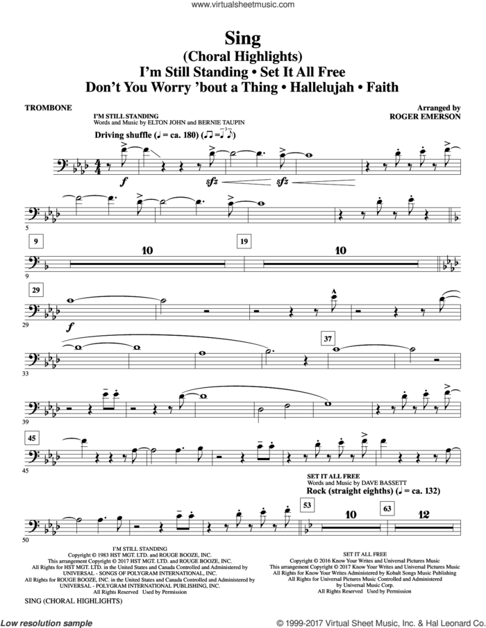 Sing (Choral Highlights) sheet music for orchestra/band (trombone) by Leonard Cohen, Roger Emerson, Justin Timberlake & Matt Morris featuring Charlie Sexton and Lee DeWyze, intermediate skill level