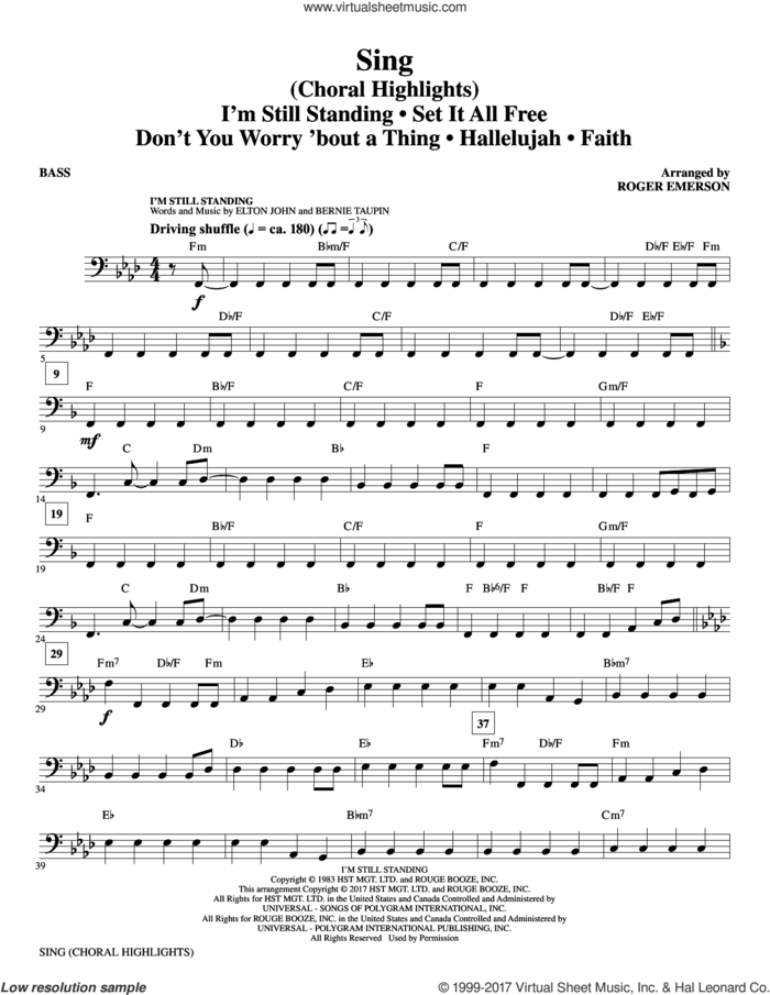 Sing (Choral Highlights) sheet music for orchestra/band (bass) by Leonard Cohen, Roger Emerson, Justin Timberlake & Matt Morris featuring Charlie Sexton and Lee DeWyze, intermediate skill level