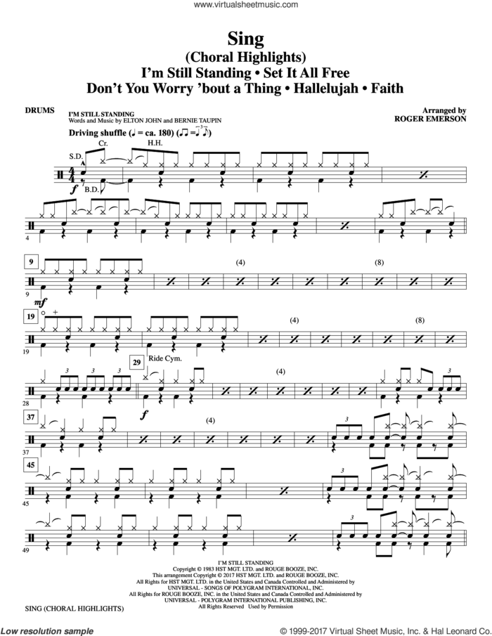 Sing (Choral Highlights) sheet music for orchestra/band (drums) by Leonard Cohen, Roger Emerson, Justin Timberlake & Matt Morris featuring Charlie Sexton and Lee DeWyze, intermediate skill level