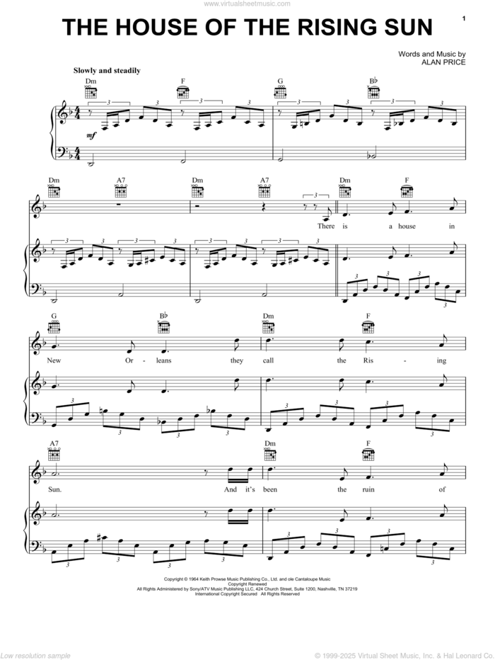 The House Of The Rising Sun sheet music for voice, piano or guitar by The Animals and Alan Price, intermediate skill level