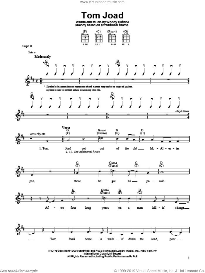Tom Joad sheet music for guitar solo (chords) by Woody Guthrie, easy guitar (chords)