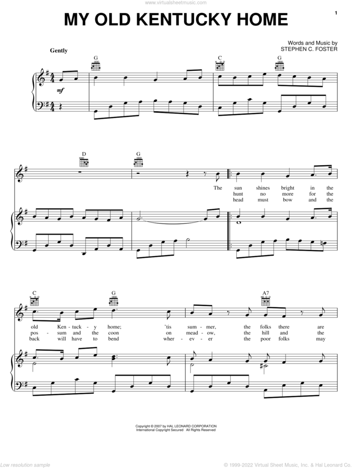 My Old Kentucky Home sheet music for voice, piano or guitar by Stephen Foster, intermediate skill level