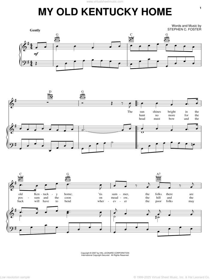 My Old Kentucky Home sheet music for voice, piano or guitar by Stephen Foster, intermediate skill level