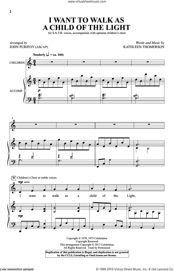 I Want To Walk As A Child Of The Light sheet music for choir (SATB: soprano, alto, tenor, bass) by Kathleen Thomerson and John Purifoy, intermediate skill level