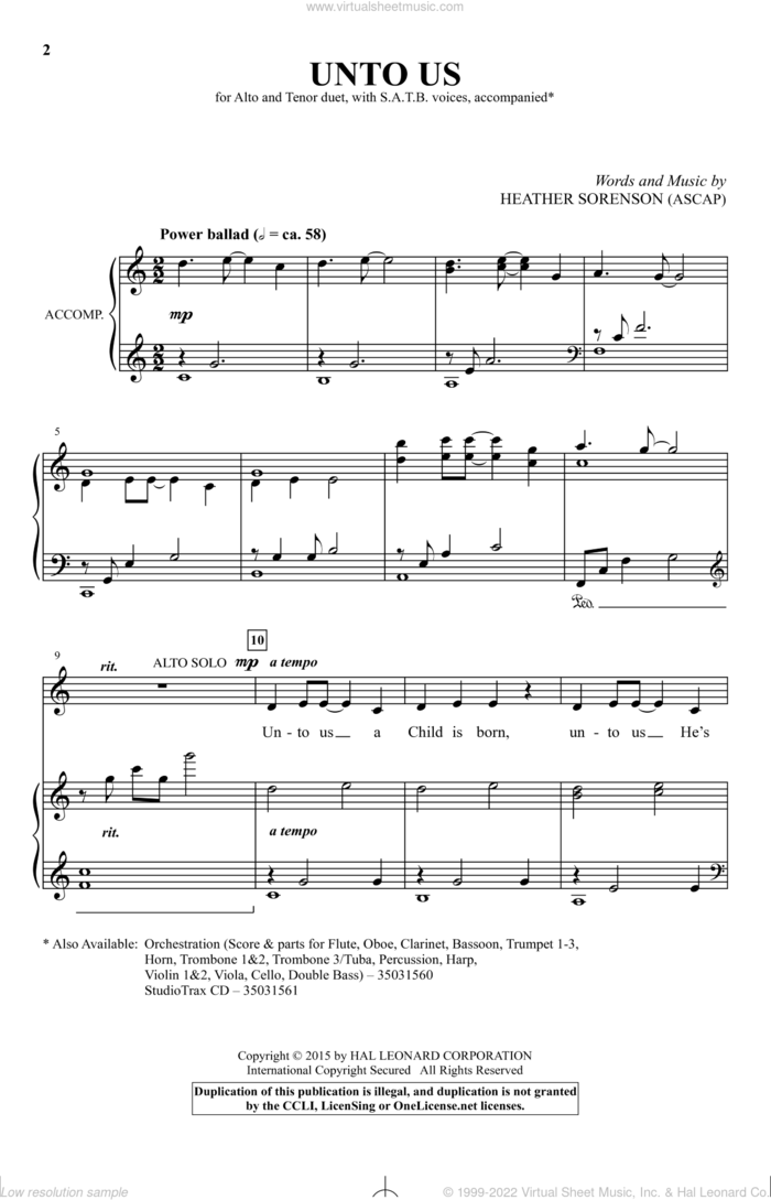 Unto Us sheet music for choir (SATB: soprano, alto, tenor, bass) by Heather Sorenson, intermediate skill level