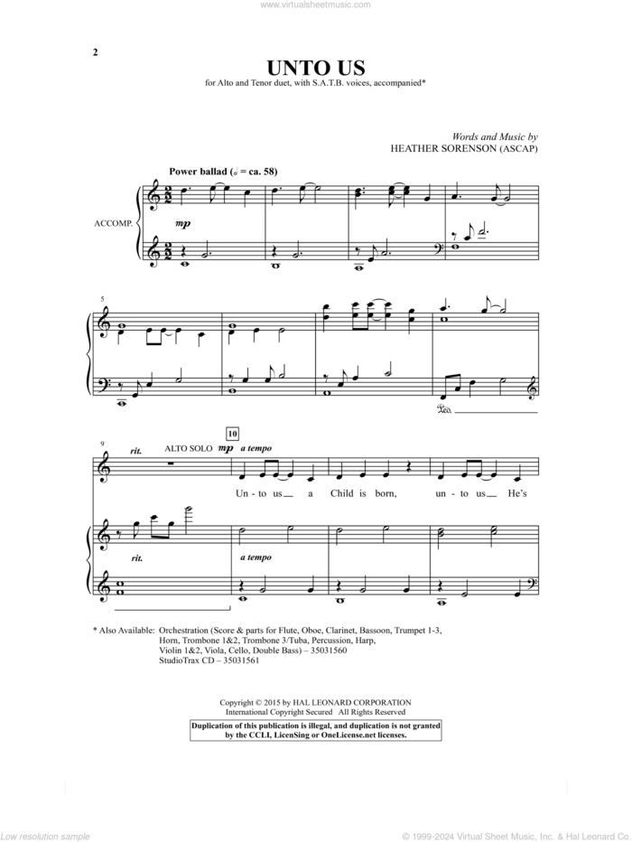 Unto Us sheet music for choir (SATB: soprano, alto, tenor, bass) by Heather Sorenson, intermediate skill level