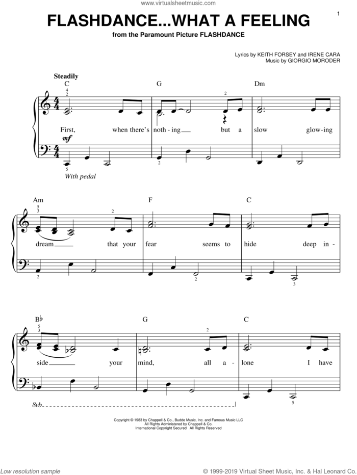 Flashdance...What A Feeling, (easy) sheet music for piano solo by Irene Cara, Giorgio Moroder and Keith Forsey, easy skill level