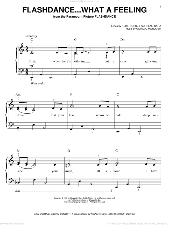 Flashdance...What A Feeling, (easy) sheet music for piano solo by Irene Cara, Giorgio Moroder and Keith Forsey, easy skill level