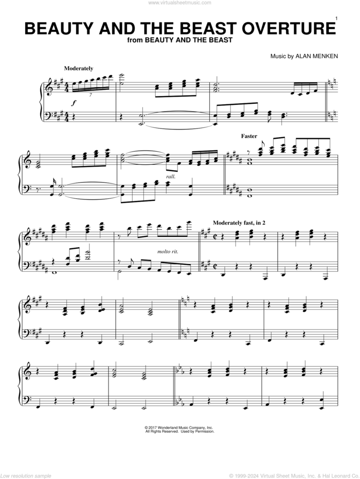 Beauty And The Beast Overture sheet music for piano solo by Alan Menken, intermediate skill level