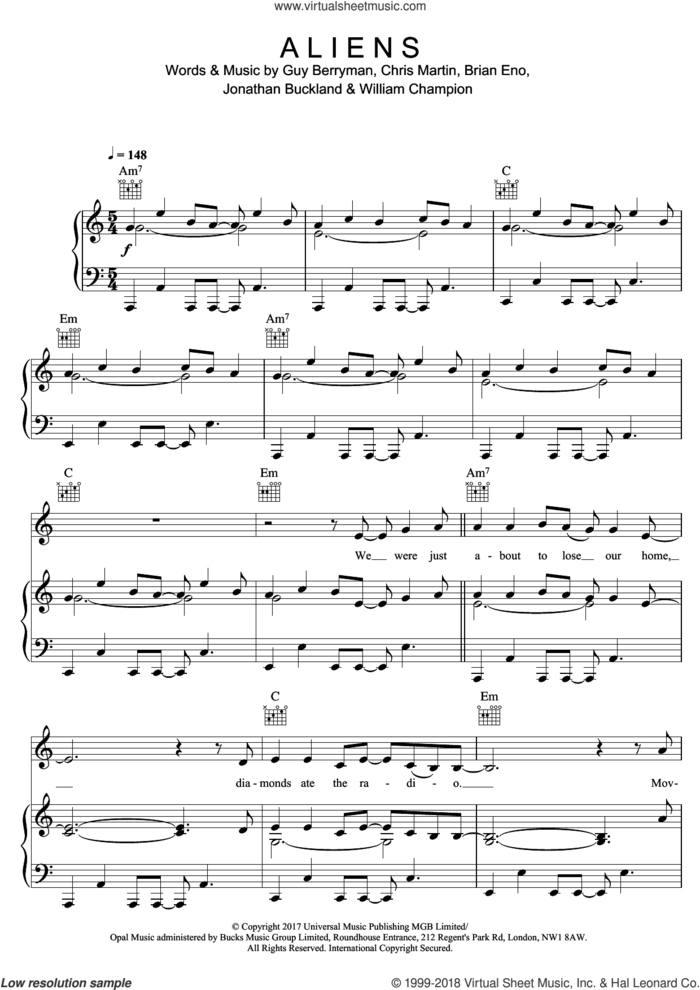A L I E N S sheet music for voice, piano or guitar by Coldplay, Brian Eno, Chris Martin, Guy Berryman, Jonathan Buckland and William Champion, intermediate skill level