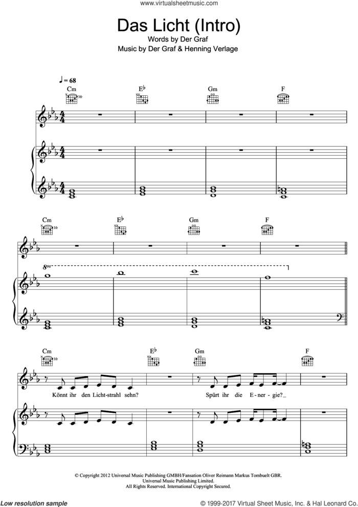 Das Licht (Intro) sheet music for voice, piano or guitar by Unheilig, Der Graf and Henning Verlage, intermediate skill level