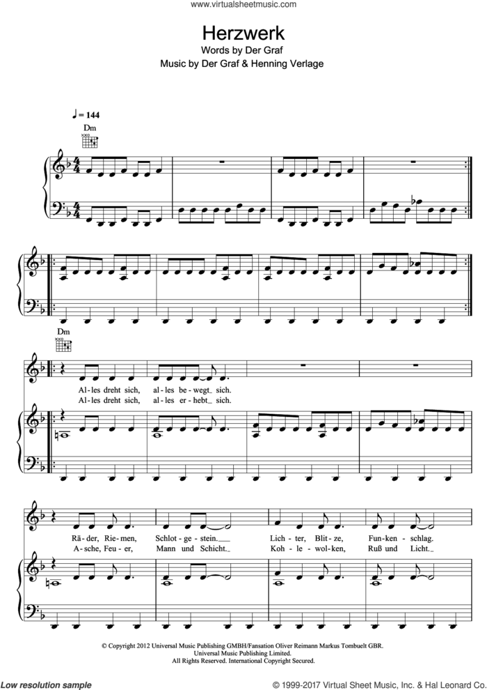 Herzwerk sheet music for voice, piano or guitar by Unheilig, Der Graf and Henning Verlage, intermediate skill level