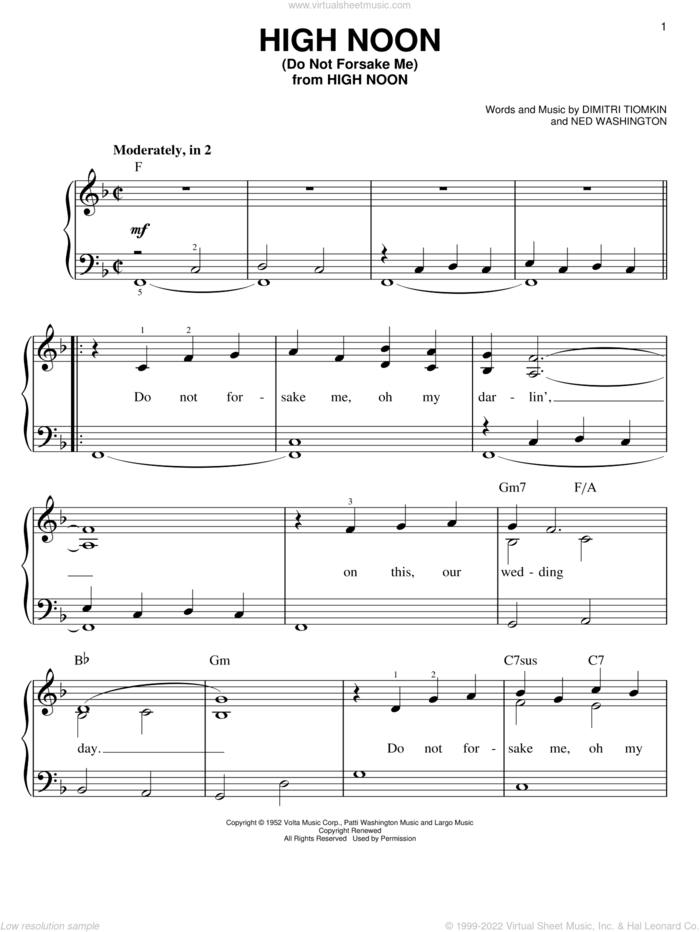 High Noon (Do Not Forsake Me), (easy) sheet music for piano solo by Dimitri Tiomkin and Ned Washington, easy skill level