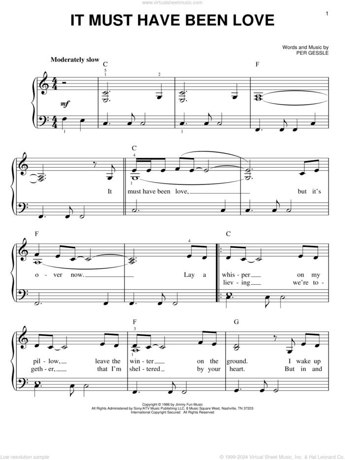 It Must Have Been Love, (easy) sheet music for piano solo by Roxette and Per Gessle, easy skill level