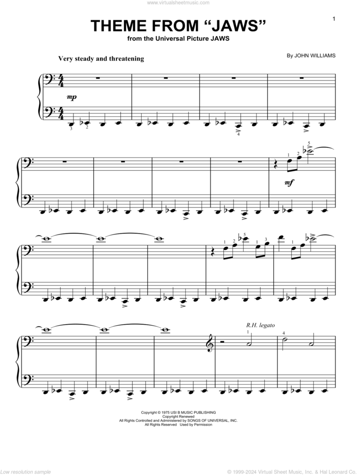 Theme from Jaws, (easy) sheet music for piano solo by John Williams, easy skill level