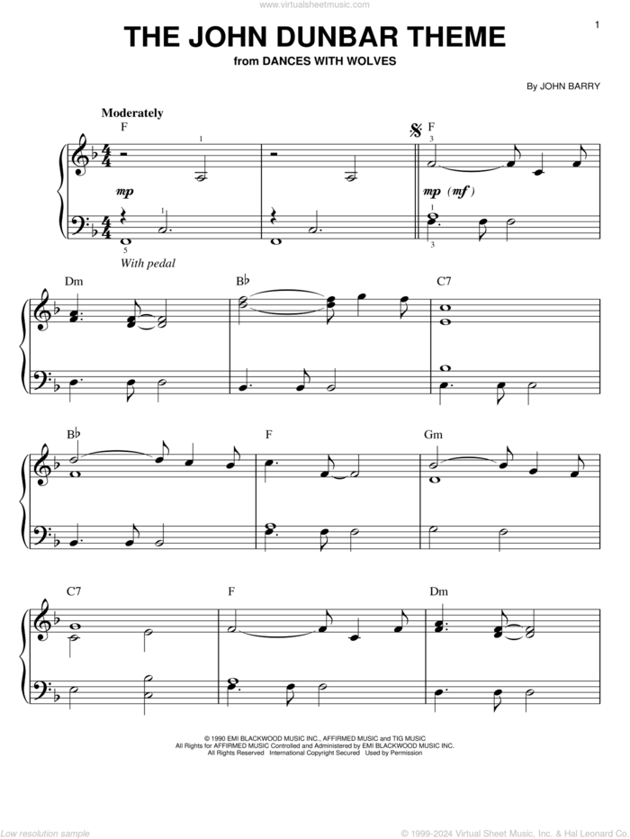 The John Dunbar Theme sheet music for piano solo by John Barry, easy skill level