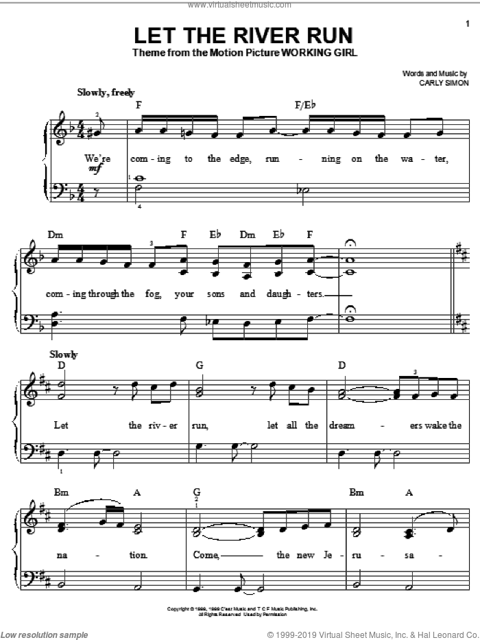 Let The River Run, (easy) sheet music for piano solo by Carly Simon, easy skill level