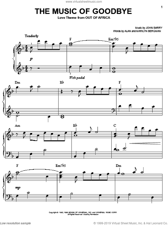 The Music Of Goodbye sheet music for piano solo by Alan Bergman, John Barry and Marilyn Bergman, easy skill level