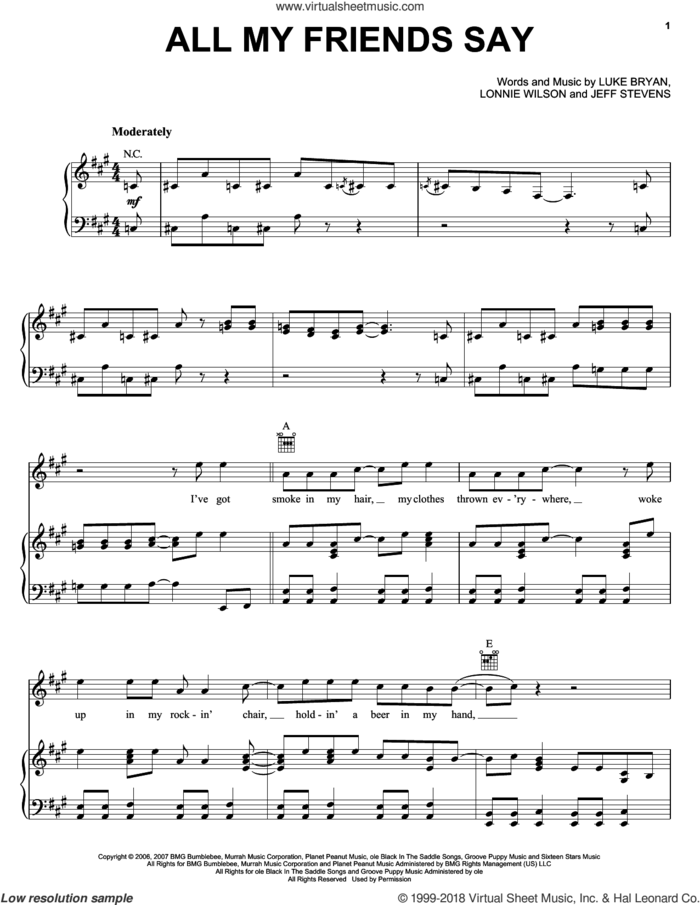 All My Friends Say sheet music for voice, piano or guitar by Luke Bryan, Jeffery Stevens and Lonnie Wilson, intermediate skill level