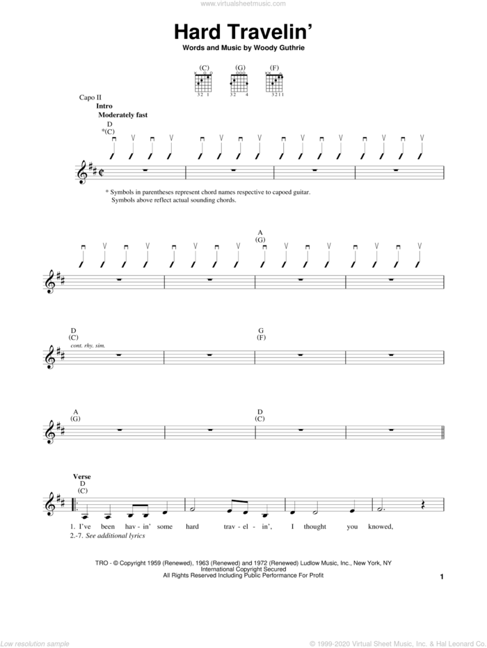 Hard Travelin' sheet music for guitar solo (chords) by Woody Guthrie, easy guitar (chords)