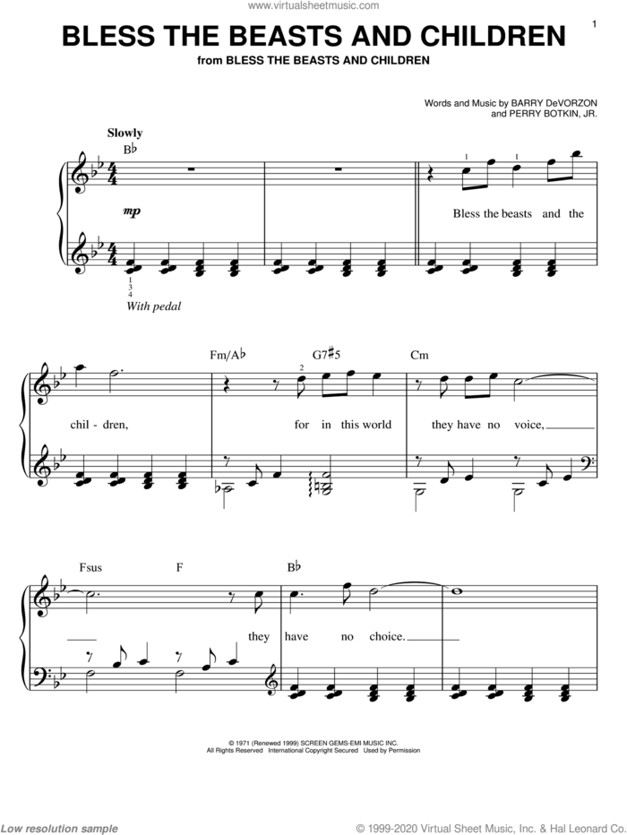 Bless The Beasts And Children sheet music for piano solo by Carpenters, Barry DeVorzon and Perry Botkin, Jr., easy skill level