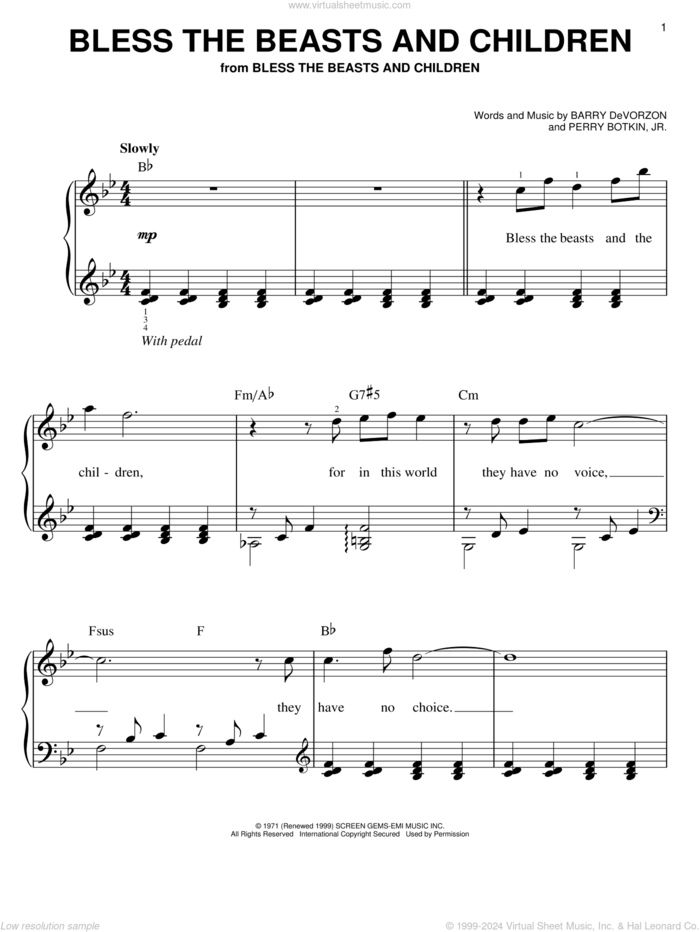 Bless The Beasts And Children sheet music for piano solo by Carpenters, Barry DeVorzon and Perry Botkin, Jr., easy skill level