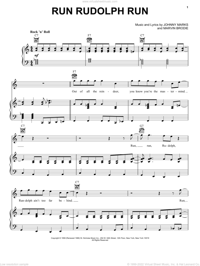 Run Rudolph Run sheet music for voice, piano or guitar by Johnny Marks, Chuck Berry and Marvin Brodie, intermediate skill level