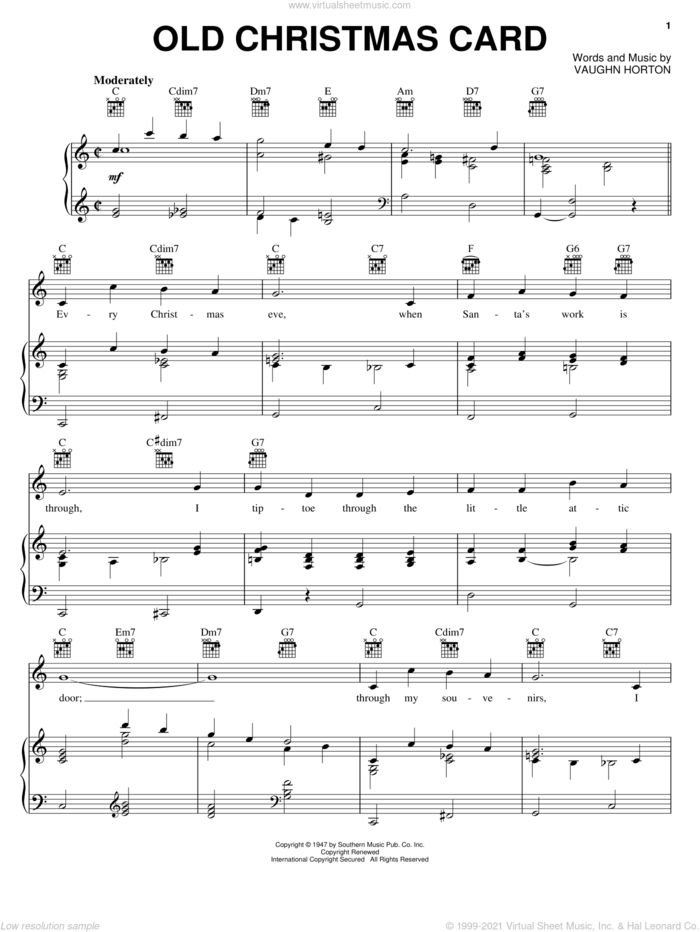 Old Christmas Card sheet music for voice, piano or guitar by Vaughn Horton, intermediate skill level