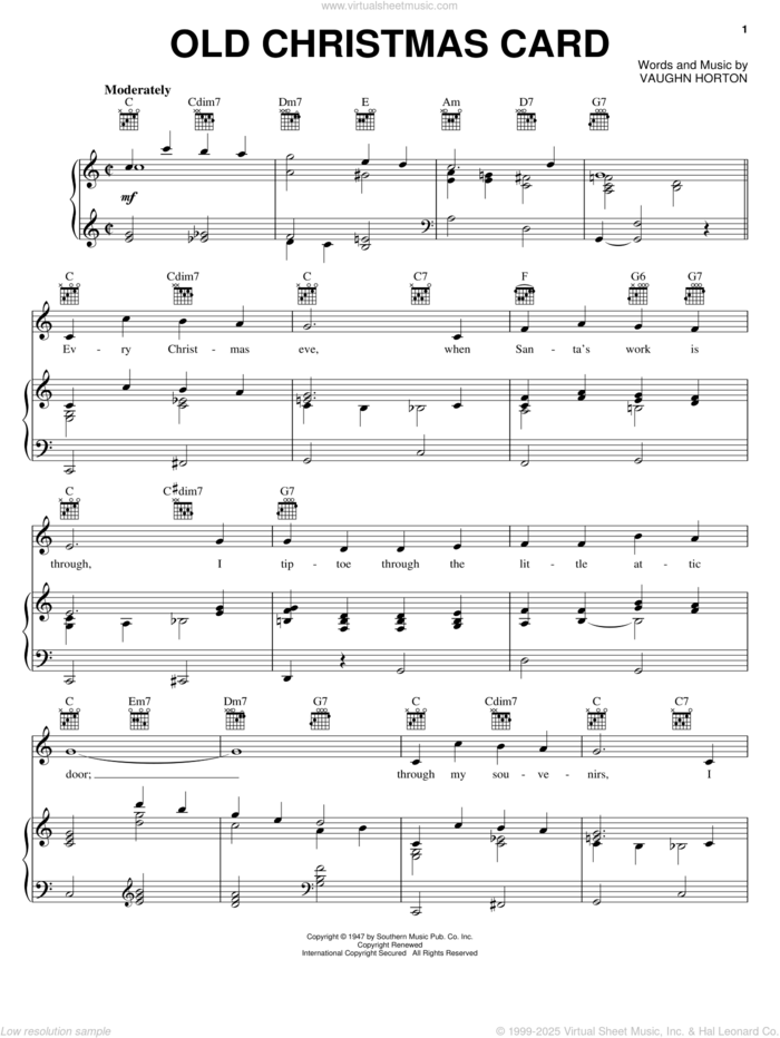 Old Christmas Card sheet music for voice, piano or guitar by Vaughn Horton, intermediate skill level