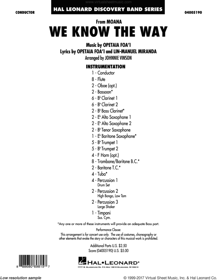 We Know the Way (from Moana) (arr. Johnnie Vinson) (COMPLETE) sheet music for concert band by Lin-Manuel Miranda and Johnnie Vinson, intermediate skill level