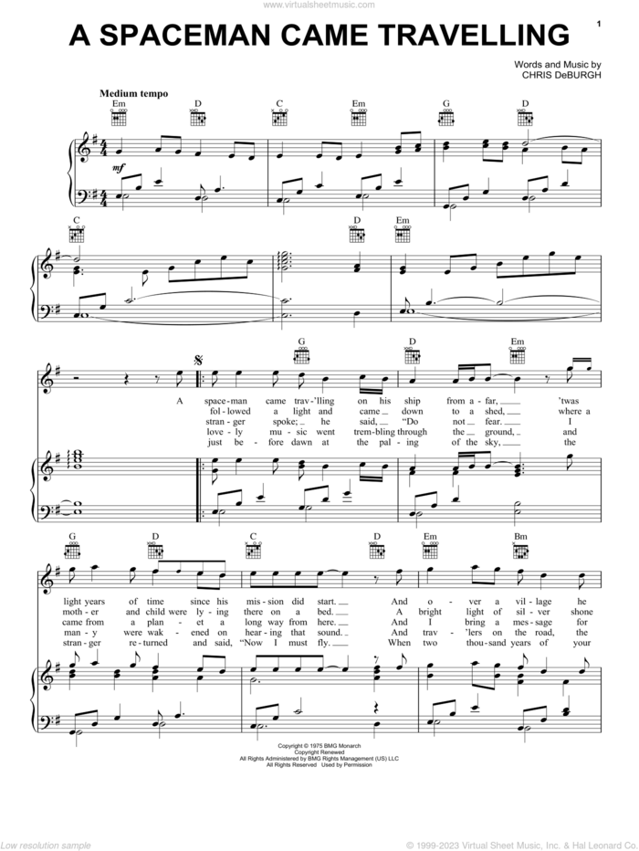 A Spaceman Came Travelling sheet music for voice, piano or guitar by Chris de Burgh, intermediate skill level