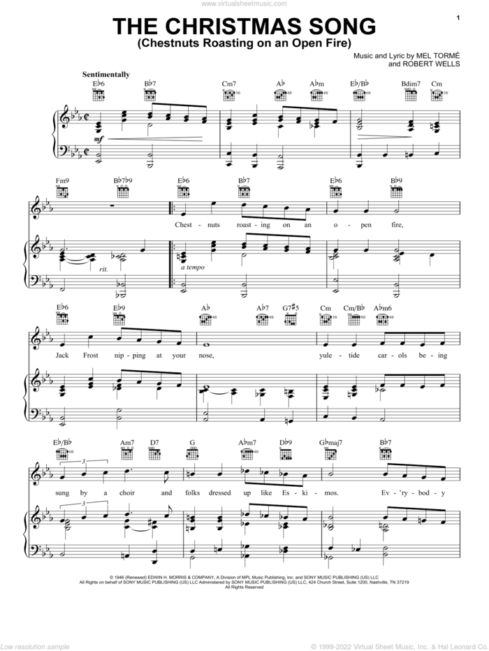 The Christmas Song (Chestnuts Roasting On An Open Fire) sheet music for voice, piano or guitar by Frank Sinatra, Mel Torme and Robert Wells, intermediate skill level