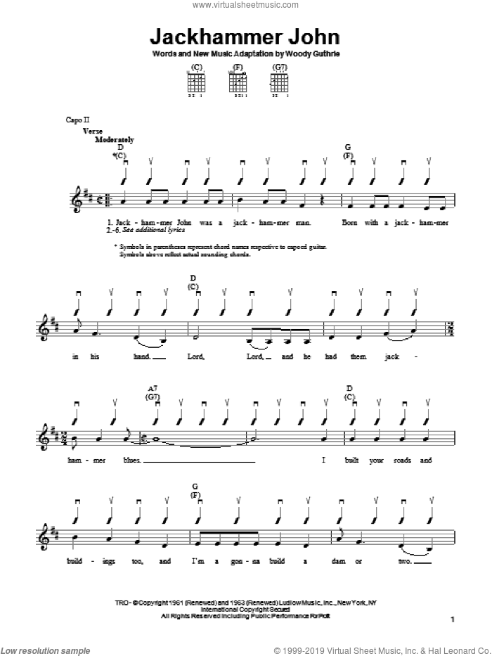 Jackhammer John sheet music for guitar solo (chords) by Woody Guthrie, easy guitar (chords)