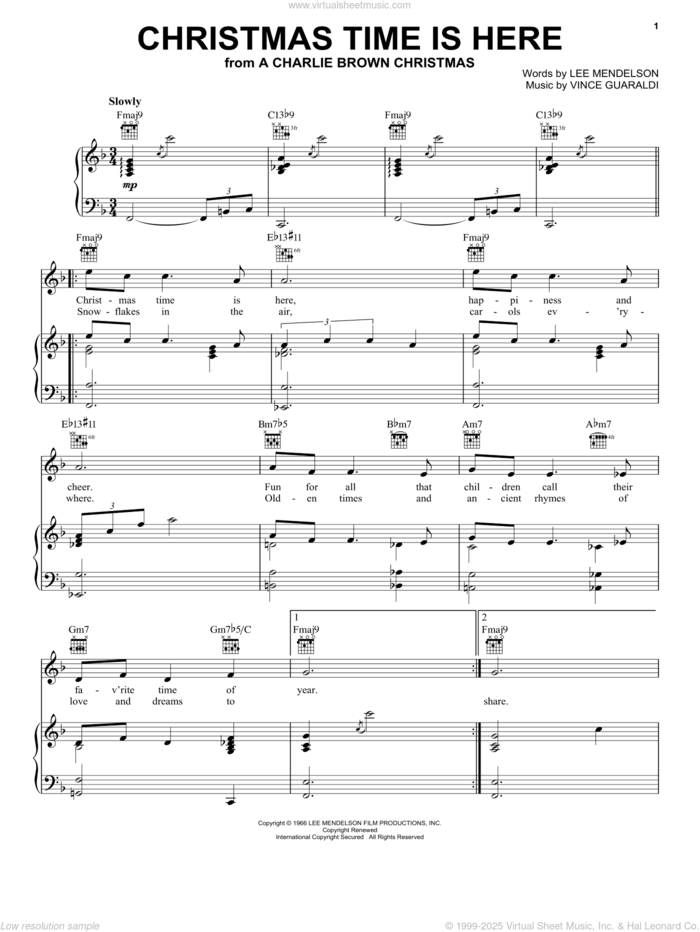 Christmas Time Is Here sheet music for voice, piano or guitar by Vince Guaraldi and Lee Mendelson, intermediate skill level