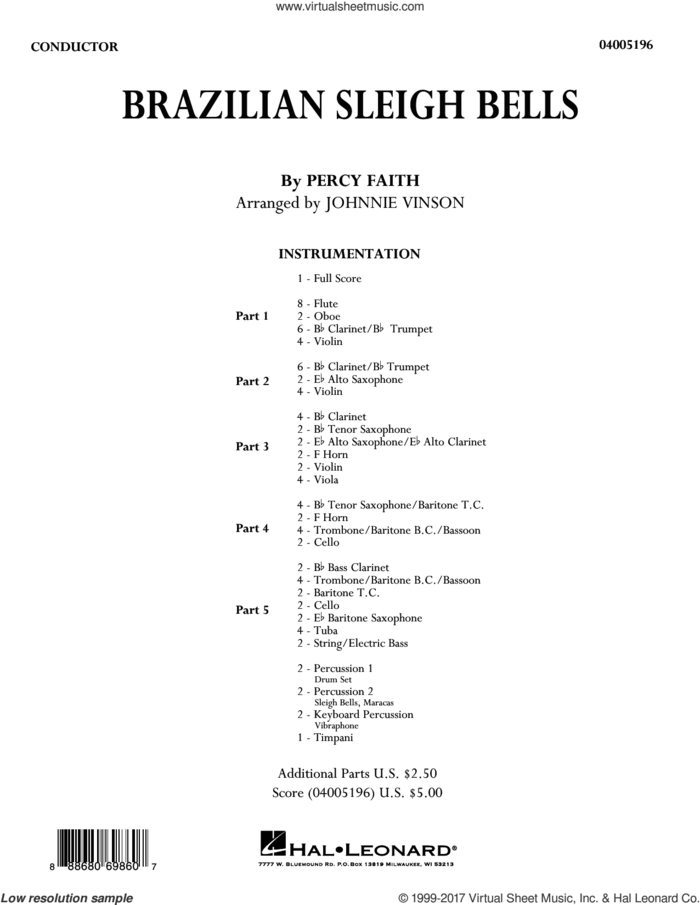 Brazilian Sleigh Bells (COMPLETE) sheet music for concert band by Johnnie Vinson and Percy Faith, intermediate skill level