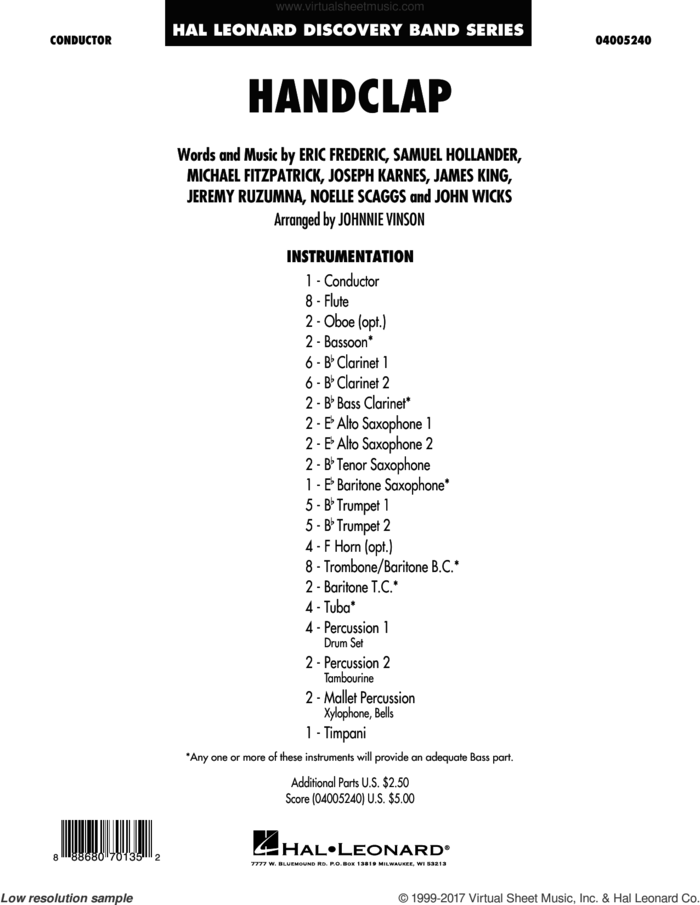 HandClap (COMPLETE) sheet music for concert band by Johnnie Vinson, Eric Frederic, Fitz And The Tantrums, James King, Jeremy Ruzumna, John Wicks, Joseph Karnes, Michael Fitzpatrick, Noelle Scaggs and Sam Hollander, intermediate skill level
