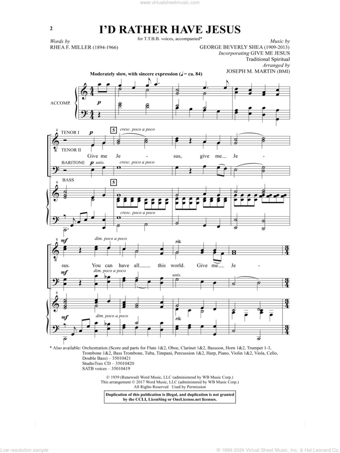 I'd Rather Have Jesus sheet music for choir (TTBB: tenor, bass) by Joseph M. Martin, George Beverly Shea and Rhea F. Miller, intermediate skill level
