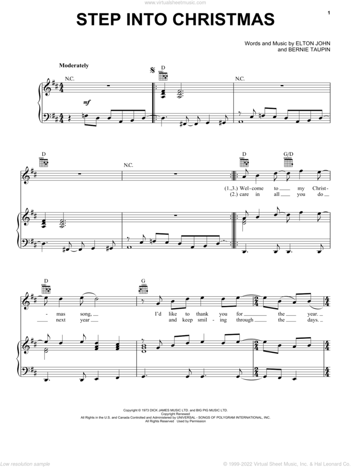 Step Into Christmas sheet music for voice, piano or guitar by Elton John and Bernie Taupin, intermediate skill level