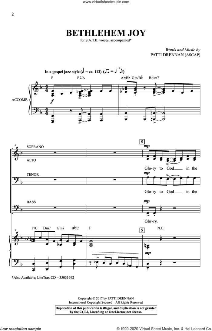 Bethlehem Joy sheet music for choir (SATB: soprano, alto, tenor, bass) by Patti Drennan, intermediate skill level