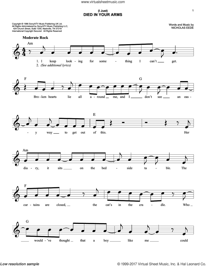 (I Just) Died In Your Arms sheet music for voice and other instruments (fake book) by Cutting Crew and Nick van Eede, easy skill level