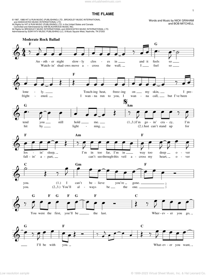 The Flame sheet music for voice and other instruments (fake book) by Cheap Trick, Bob Mitchell and Nick Graham, easy skill level