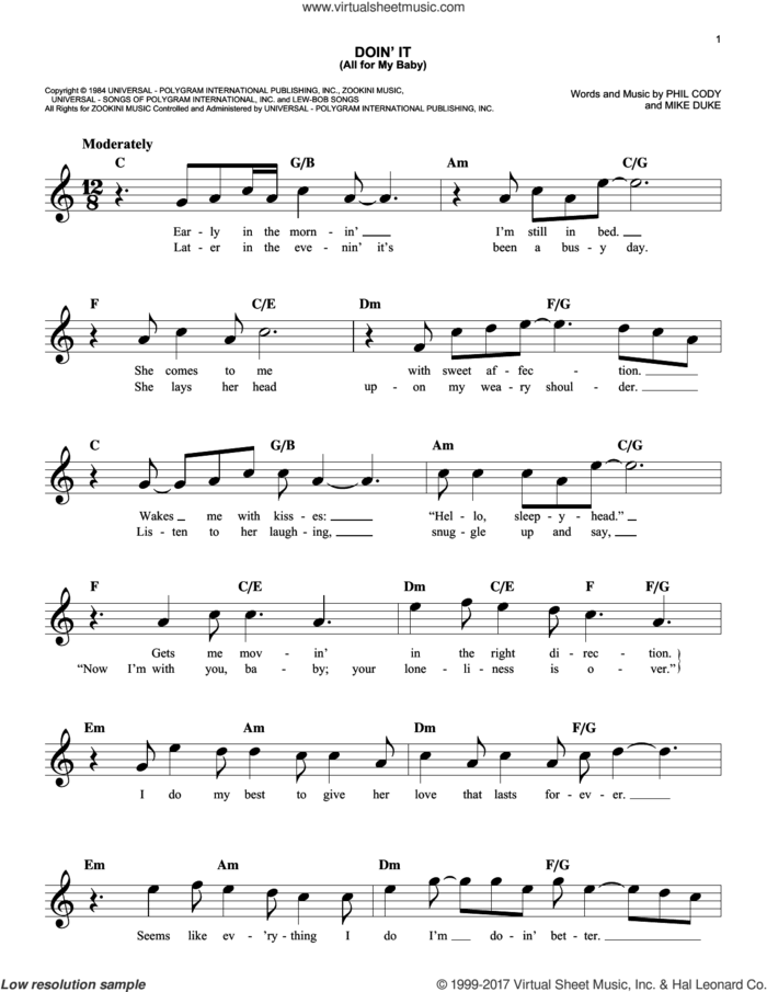 Doin' It (All For My Baby) sheet music for voice and other instruments (fake book) by Huey Lewis & The News, Mike Duke and Phil Cody, easy skill level