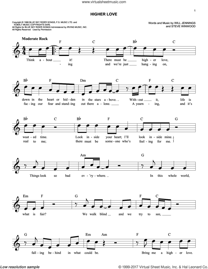 Higher Love sheet music for voice and other instruments (fake book) by Steve Winwood and Will Jennings, easy skill level