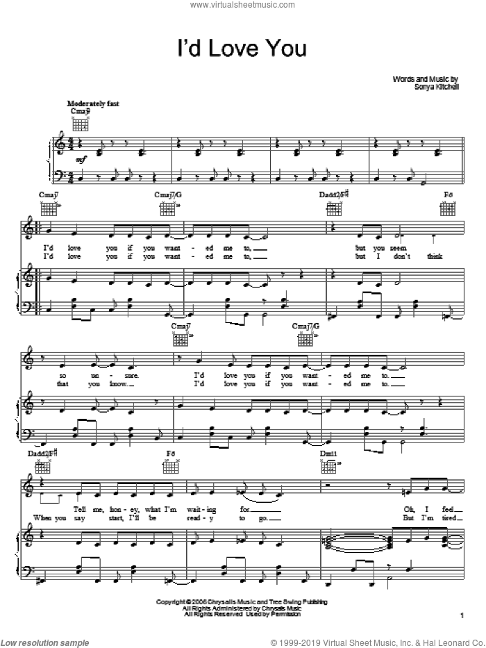 I'd Love You sheet music for voice, piano or guitar by Sonya Kitchell, intermediate skill level