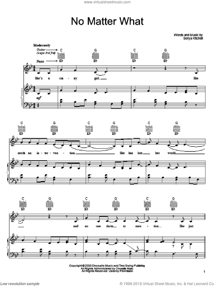 No Matter What sheet music for voice, piano or guitar by Sonya Kitchell, intermediate skill level