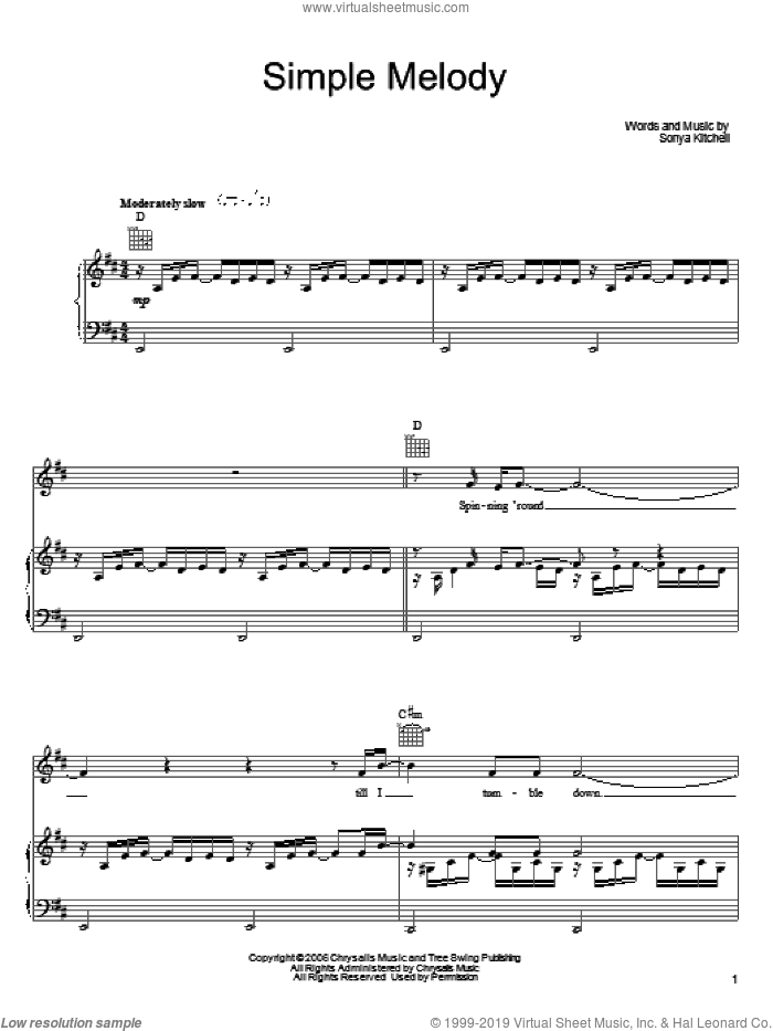 Simple Melody sheet music for voice, piano or guitar by Sonya Kitchell, intermediate skill level