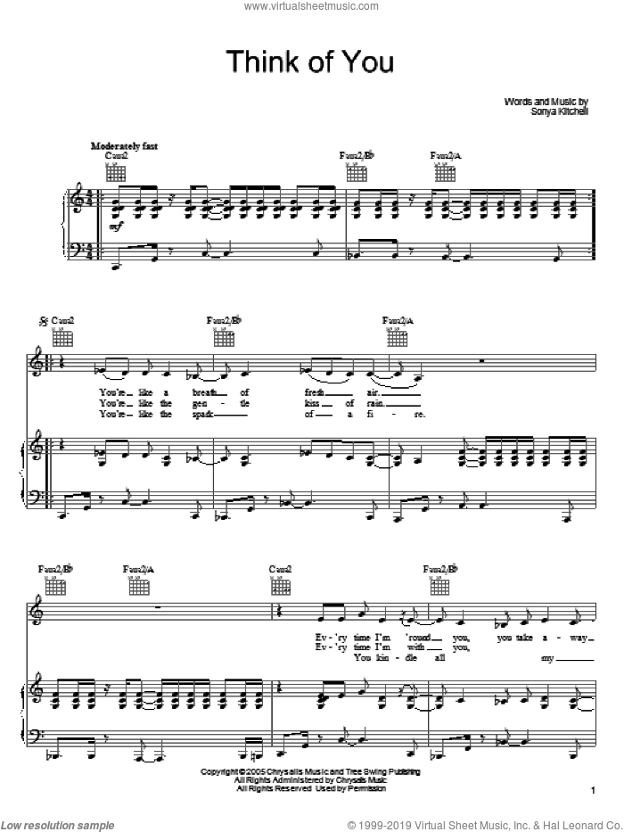Think Of You sheet music for voice, piano or guitar by Sonya Kitchell, intermediate skill level