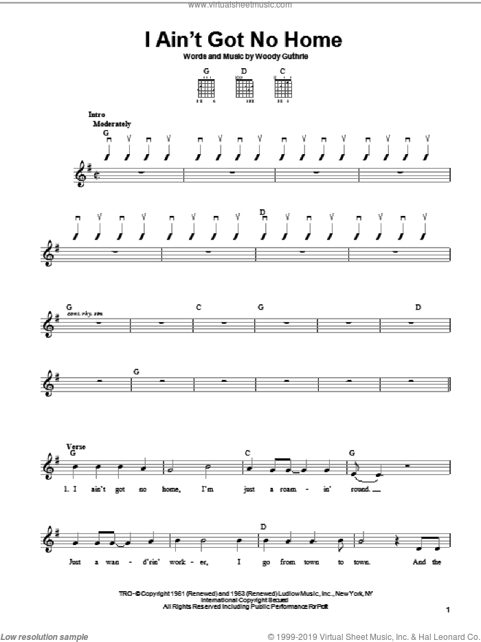 I Ain't Got No Home sheet music for guitar solo (chords) by Woody Guthrie, easy guitar (chords)